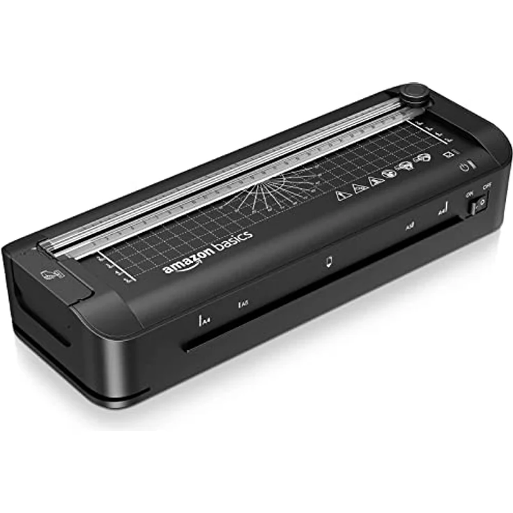 Amazon Basics 3-in-1-Thermolaminiergerät für A4-Größe, mit Funktionen zum Schneiden, Stanzen und Abrunden von Ecken, inkl. 10 Hüllen, EU-Stecker, Schwarz – Bild 1