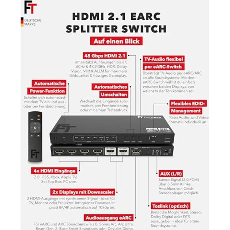 FeinTech AX341 HDMI 2.1 eARC Splitter Switch, 4 In 2 Out mit Audio Extractor, 8K 60Hz, 4K 120Hz, Downscaler, Auto-Switching, CEC-Funktion, Dolby Atmos, inkl. Toslink & AUX – Bild 3