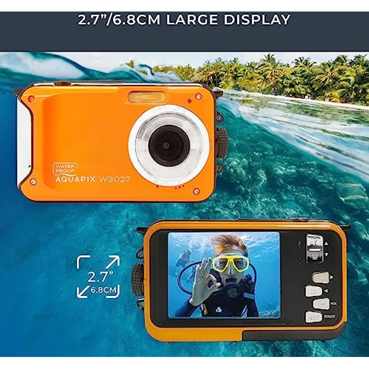 Aquapix W3027 'Wave' Unterwasserkamera, wasserfest bis 3 m, 2.7" Display, bis zu 30 MP Auflösung, 4X Digital-Zoom, 5 MP Sensor, Orange – Bild 3