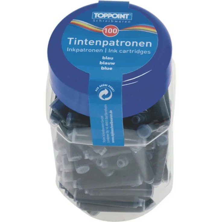 Stylex Schreibwaren 200 Füllerpatronen, 2x100 Stück, blaue Tintenpatronen in transparenter Kunststoffbox