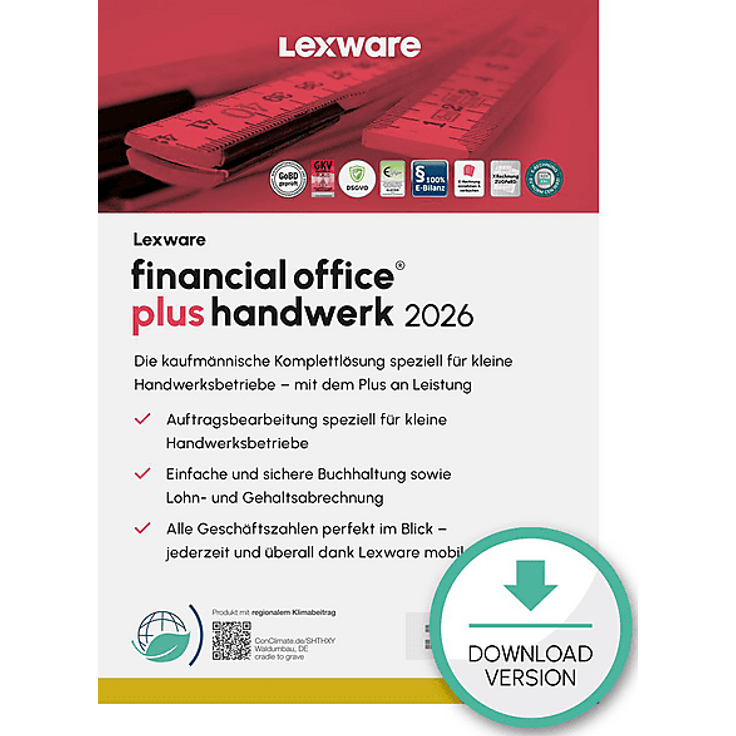 LEXWARE FINANCIAL OFFICE PLUS HANDWERK 2026, Steuersoftware für kleine Handwerksunternehmen, 365-TAGE-Lizenz, Buchhaltung und Auftragsbearbeitung