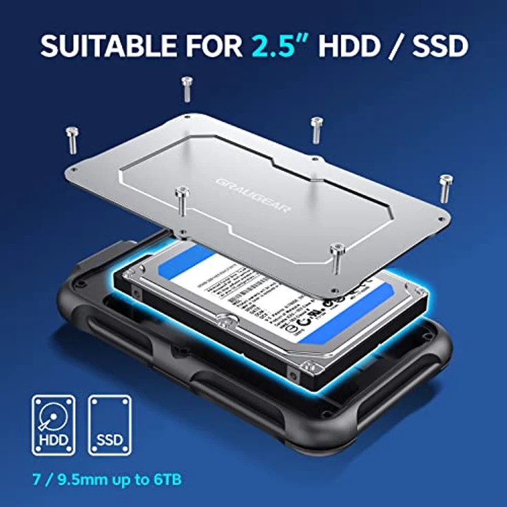 GRAUGEAR | USB-C externes Gehäuse für 2,5“ SATA SSD/HDD | UASP SATA III USB 3.2 Gen2 6 Gbit/s | Spritzwasser geschützt IP66 | Integriertes USB-C Kabel | G-2502-C-10G – Bild 5