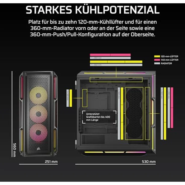 CORSAIR iCUE LINK 5000T LX RGB Mid-Tower ATX PC-Gehäuse – 3X Vorinstallierte LX120 RGB-Lüfter, Integriert Aurora RGB-Lichtstreifen, Geräumiges Interieur, iCUE LINK Inklusive Systemnabe – Schwarz – Bild 4