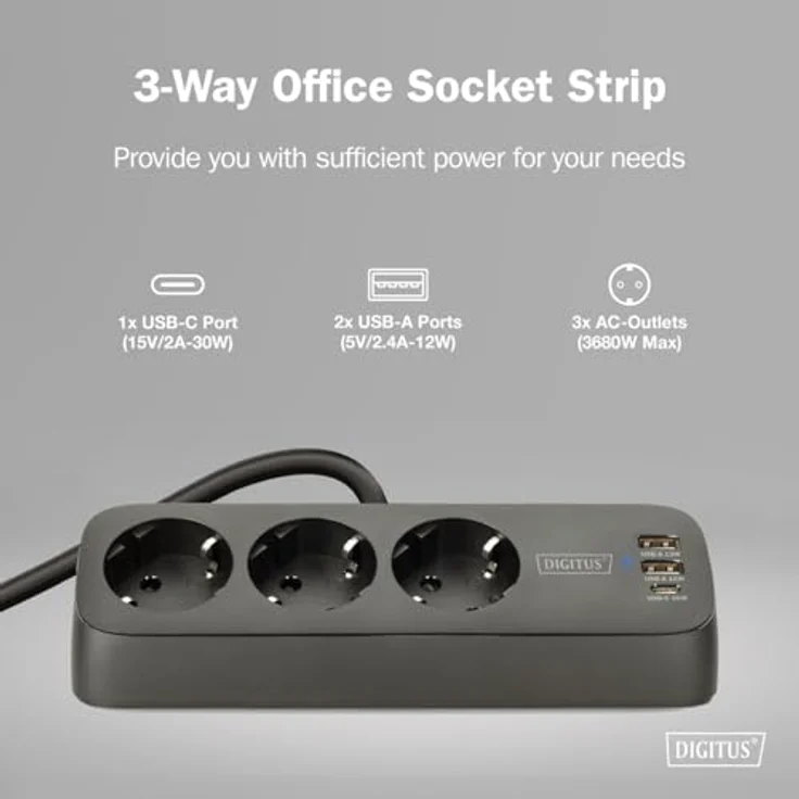 Digitus 3-fach Office-Steckdosenleiste mit 2x USB-A und 1x USB-C, Schwarz, 1.50 m, CEE 7/3, erhöhte Sicherheit – Bild 2