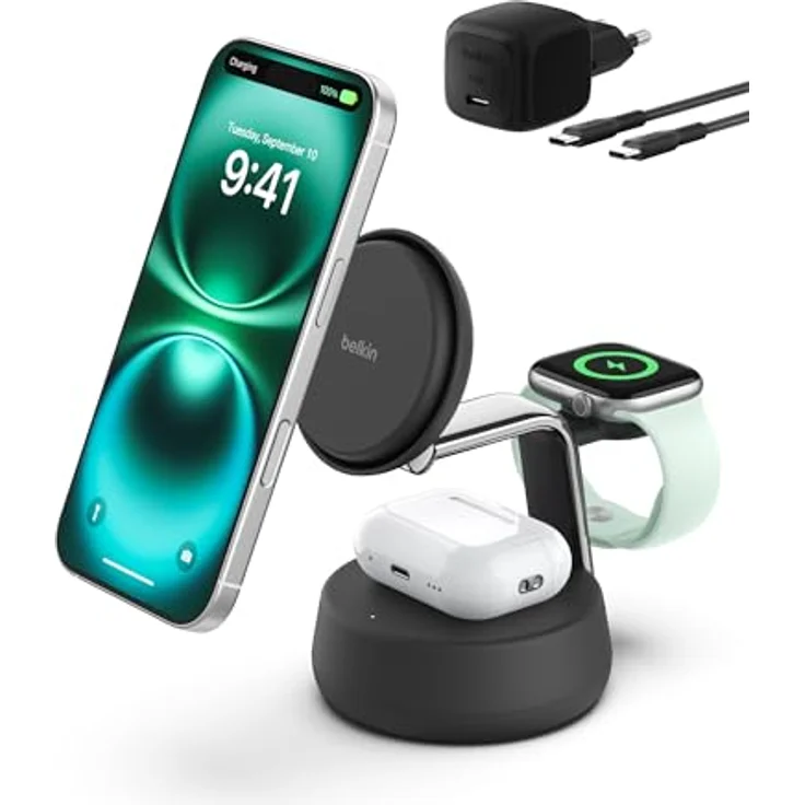 Belkin UltraCharge Pro Qi2 Induktive Ladestation, 25W, 3 in 1 Ladegerät für iPhone 16, Apple Watch, AirPods, mit ChillBoost Kühltechnik und 45-W-Adapter – Schwarz – Bild 1