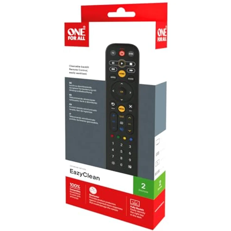 ONE FOR ALL EazyClean (URC9291) Fernbedienung für bis zu 2 Geräte, antimikrobiell, beleuchtete Tasten, ergonomisches Design – Bild 7