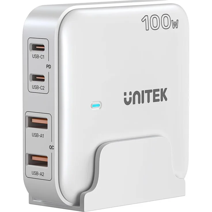 Unitek P1229AWH01-EU, GaN-Netzwerkladegerät mit 100 W, 2x USB-C, 2x USB-A, kompaktes Design, Power Delivery 3.0 und Quick Charge 3.0
