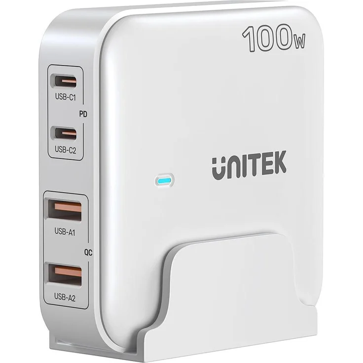 Unitek P1229AWH01-EU, GaN-Netzwerkladegerät mit 100 W, 2x USB-C, 2x USB-A, kompaktes Design, Power Delivery 3.0 und Quick Charge 3.0