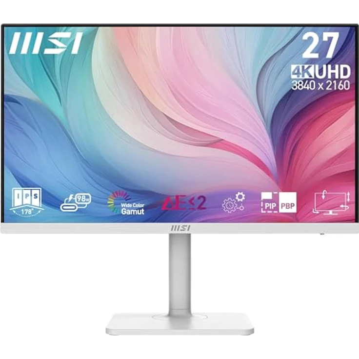 MSI Modern MD272UPHW 27-Zoll-UHD-Büromonitor, 3840 x 2160 IPS-Panel, 60Hz, augenfreundlich, VESA-befestigbar, 4-fach verstellbar, HDMI 2.0b, DisplayPort 1.4a, Typ-C, USB-B, USB-A – Bild 1