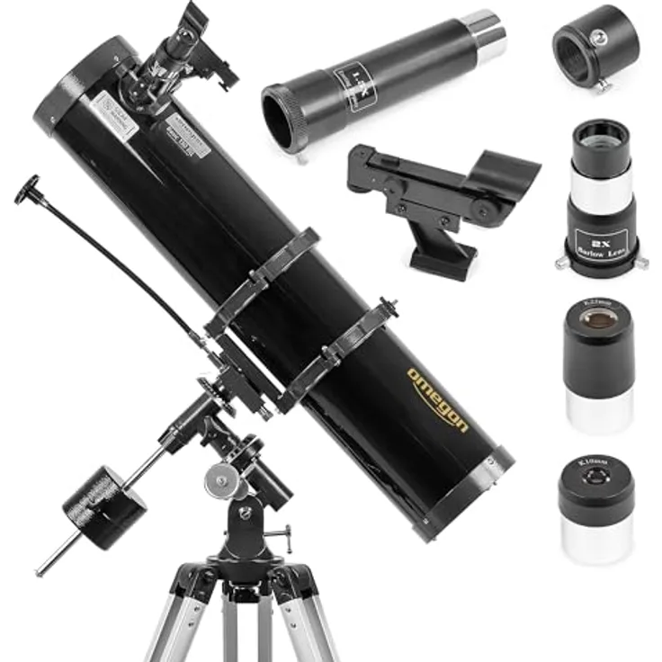 Omegon Teleskop N 130/920 EQ-2, Einsteiger-Teleskop für Deep-Sky-Beobachtung mit leuchtendem Punktsucher und 1,25'' Okularauszug