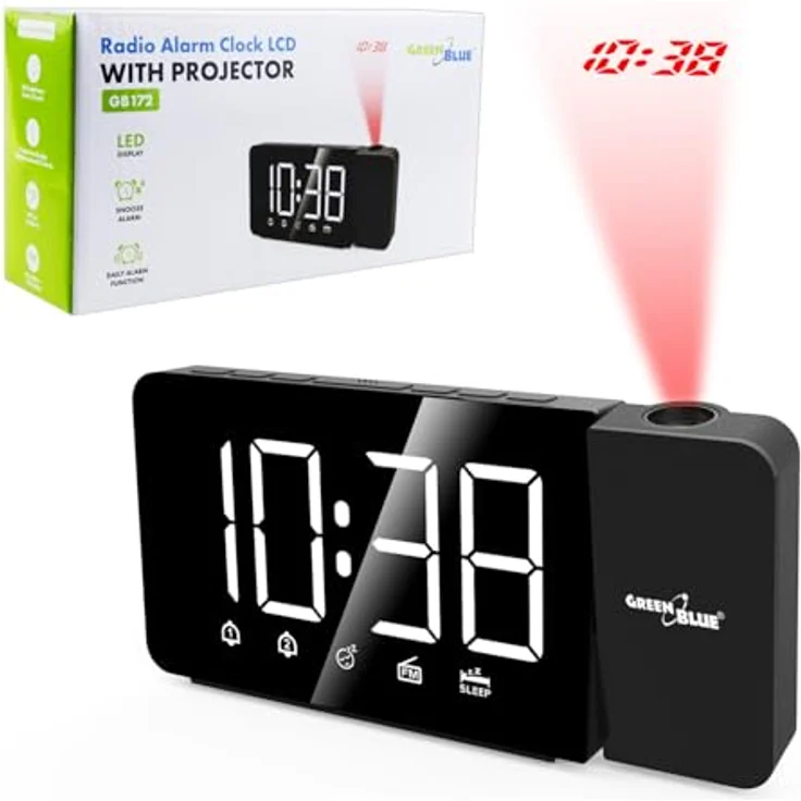 GreenBlue GB172, Digitaler LED-Radiowecker mit Projektor, FM-Radio, 12/24-Stunden-Anzeige, USB-Stromversorgung, schwarze Farbe – Bild 1