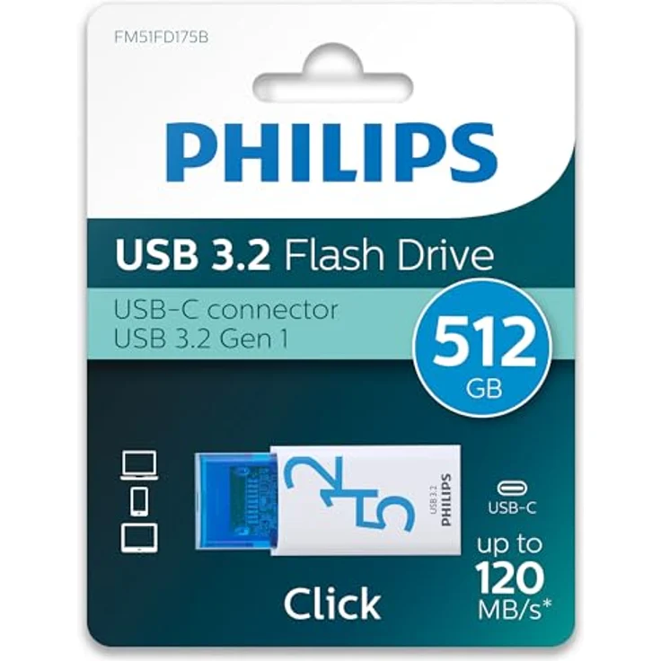 Philips Click Edition USB-C Anschluss USB 3.2 Gen 1 USB-Flash-Laufwerk 512 GB für PC, Laptop, Smartphone, Tablet mit USB-C-Anschluss, Lesegeschwindigkeit bis zu 120 MB/s – Bild 2