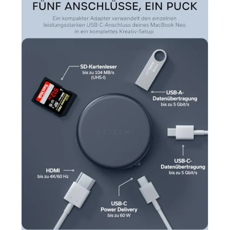 SATECHI USB-C Hub OntheGo™ 5-in-1, HDMI 4K@60 Hz, mit 60 W Passthrough-Laden, SD-Kartenleser, indigo – Bild 2
