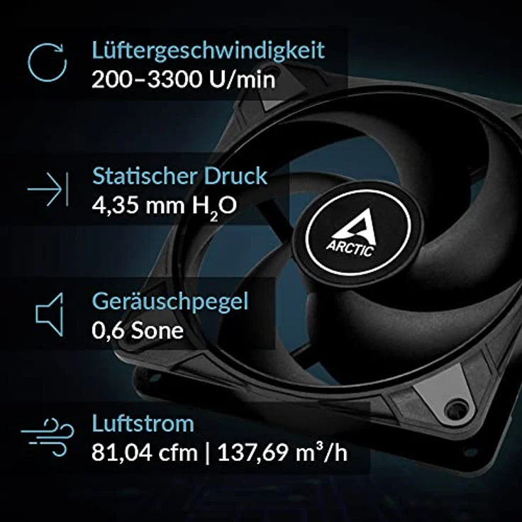 ARCTIC P12 Max - High-Performance 120 mm Gehäuselüfter, PWM-gesteuerte 200-3300 U/min., Optimiert für statischen Druck, 0dB-Mode, Doppelkugellager - Schwarz – Bild 2