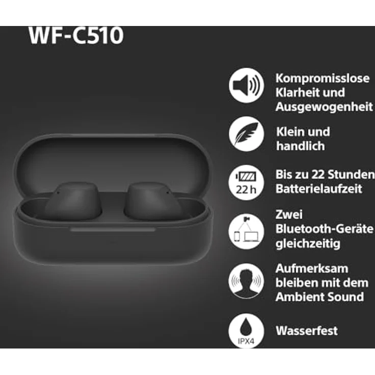 Sony WF-C510 Truly Wireless Kopfhörer - Kleine, leichte Bluetooth In-Ear-Kopfhörer mit Multipoint-Connection, Ambient Sound, IPX4 Rating, Spotify Tap, Quick Charge, 22 HR Akku, iOS & Android - Schwarz – Bild 3