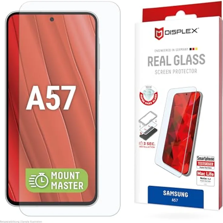 Displex Real Glass Panzerglas Displayschutz für Samsung Galaxy A57, 10H gehärtetes Glas, kratzfest, blasenfrei mit EASY-ON® MountMaster