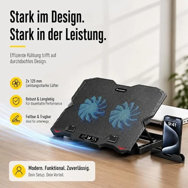 WOZINSKY Kühlständer Laptop Kühler mit RGB-Beleuchtung, verstellbar, 2 USB-Anschlüsse, für 9-17" Laptops – Bild 5