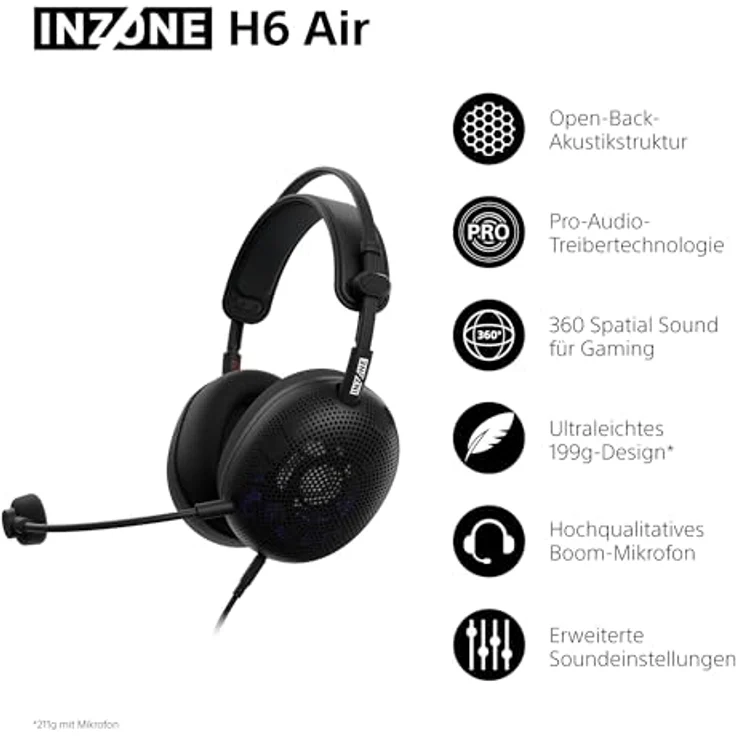 Sony INZONE H6 Air, kabelgebundenes Open-Back-Gaming-Headset mit 360 Spatial Sound, ultraleichtem Design (199 g), abnehmbaren Bügelmikrofon und einstellbarem EQ via INZONE Hub, schwarz – Bild 2