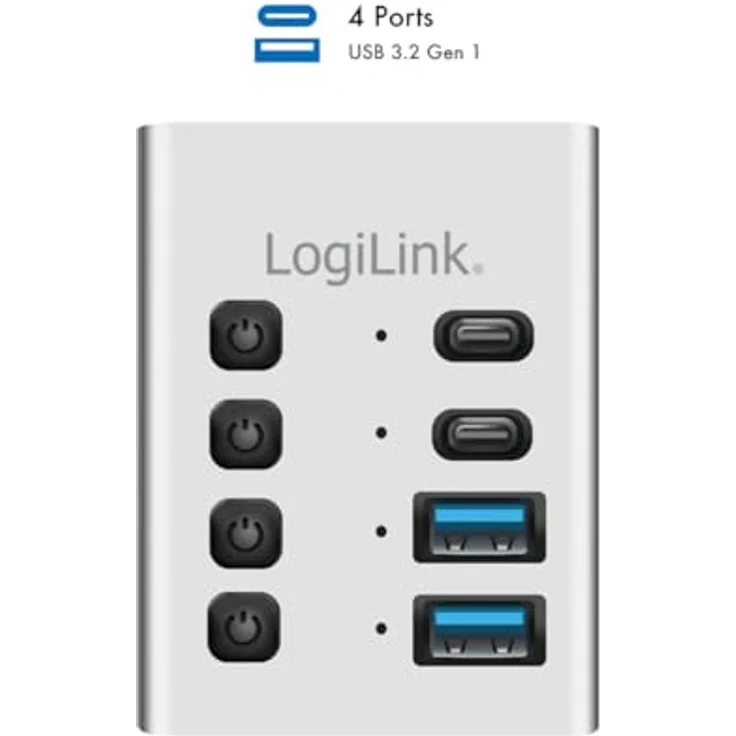 LogiLink UA0446, USB 3.2 Gen1 Hub mit 4-Ports, USB Typ A & C, An-/Ausschalter, Aluminium, inkl. PD 20 W Ladegerät – Bild 5