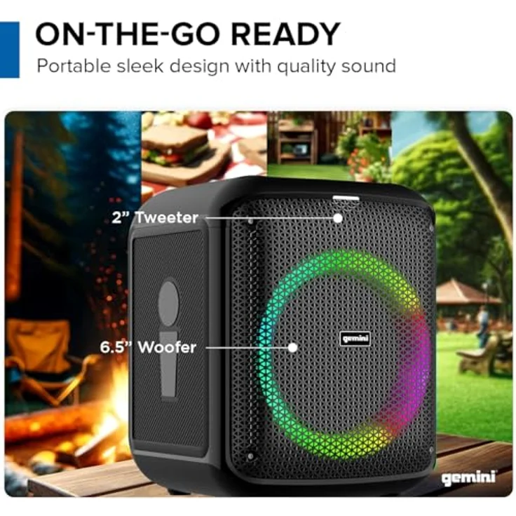Gemini Sound GGO-650L, tragbare Bluetooth-Boombox 100W mit LED-Partybeleuchtung, TWS-Kopplungsfunktion und Funkmikrofon, aufladbarer Akku, 10 Stunden Laufzeit, USB und AUX – Bild 2