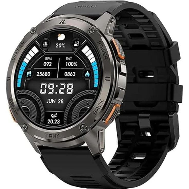 KOSPET Tank T3 Smartwatch, 3.6 cm AMOLED, Schwarz, mit 170+ Sportmodi und langer Akkulaufzeit – Bild 1
