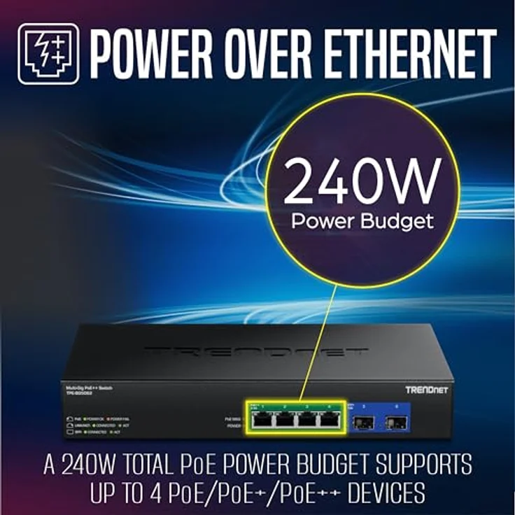 Trendnet 6-Port 2.5G GaN Power PoE++ Switch, unmanaged Netzwerk-Switch mit 240 Watt Gesamtleistung, schwarz – Bild 6