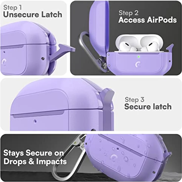 KeyBudz ElementProof für AirPods Pro 2 Case mit Schloss, vollständig wasserdichtes AirPods Pro Etui 2. Generation, robuster Schutz, Hartschalenhülle, Karabiner für AirPods Pro 1 & 2 - Lila Lavendel – Bild 3