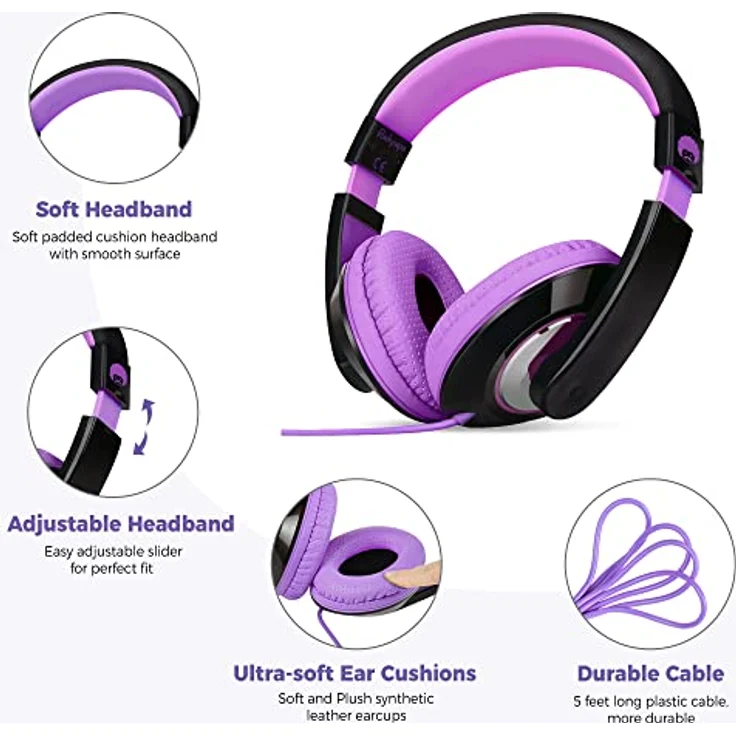 ROCKPAPA Comfort Kopfhörer On Ear Wired Headphones ohne Mikrofon für Kinder-Erwachsene, Cellphones Laptop Tablet PC Computer CD DVD MP3-4 Schwarz Violett – Bild 2