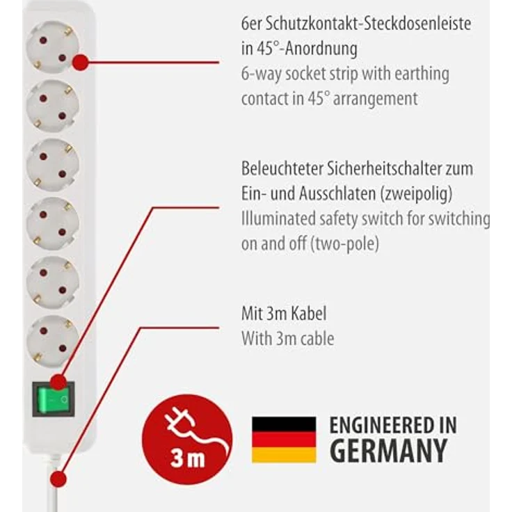 Brennenstuhl Steckdosenleiste 6-fach (Steckerleiste mit Schalter und 3m Kabel, Mehrfachsteckdose besonders stromsparend) weiß – Bild 2