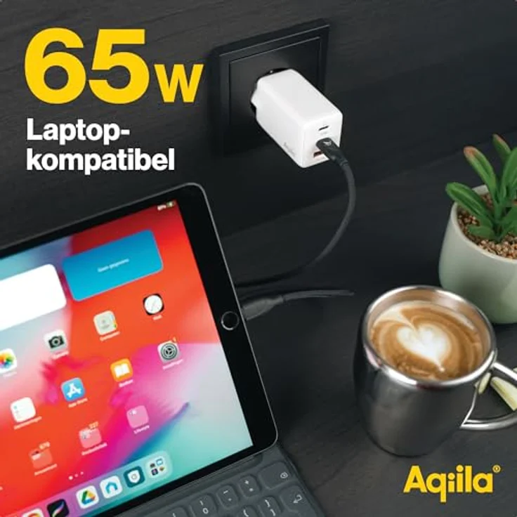 Aqiila USB-C Ladegerät 65W | Schnellladegerät GaN Technologie, PD, Quick Charge, 2X USB-C, 1x USB-A, Netzteil Ladestecker, kompaktes Design, 100-240V, plastikfrei verpackt | Chargebird W3 Weiß – Bild 2