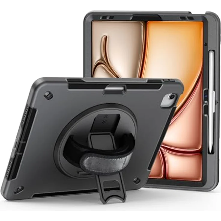 honju FIT Rugged Kickstand/Handstrap Case für Apple iPad Air 13" (2026 & 2025) / Pro 12,9" (2018-2022), drehbare Handschlaufe, Apple Pencil Halterung, schwarz – Bild 1