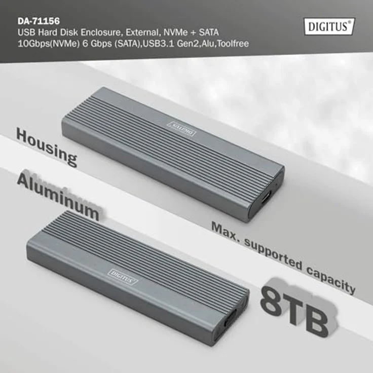 DIGITUS externes M.2-Gehäuse - USB 3.1 Gen2 Typ-C - bis zu 10 Gbit/s - Unterstützt SATA & NVMe-SSDs bis 8 TB - für 2230/2242/2260/2280 SSDs - Werkzeuglos - Aluminiumgehäuse - Grau – Bild 4