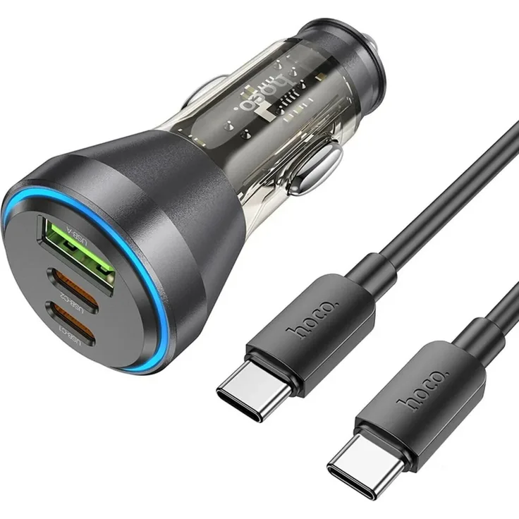 HOCO USB-Autoladegerät QC 18W + 2 x Typ C 30W + Kabel Typ C auf Typ C PD60W NZ12D schwarz, Aluminiumlegierung, Schnellladekabel inklusive
