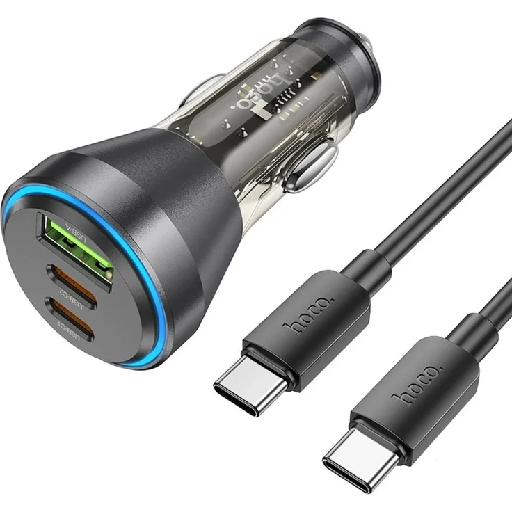 HOCO USB-Autoladegerät QC 18W + 2 x Typ C 30W + Kabel Typ C auf Typ C PD60W NZ12D schwarz, Aluminiumlegierung, Schnellladekabel inklusive