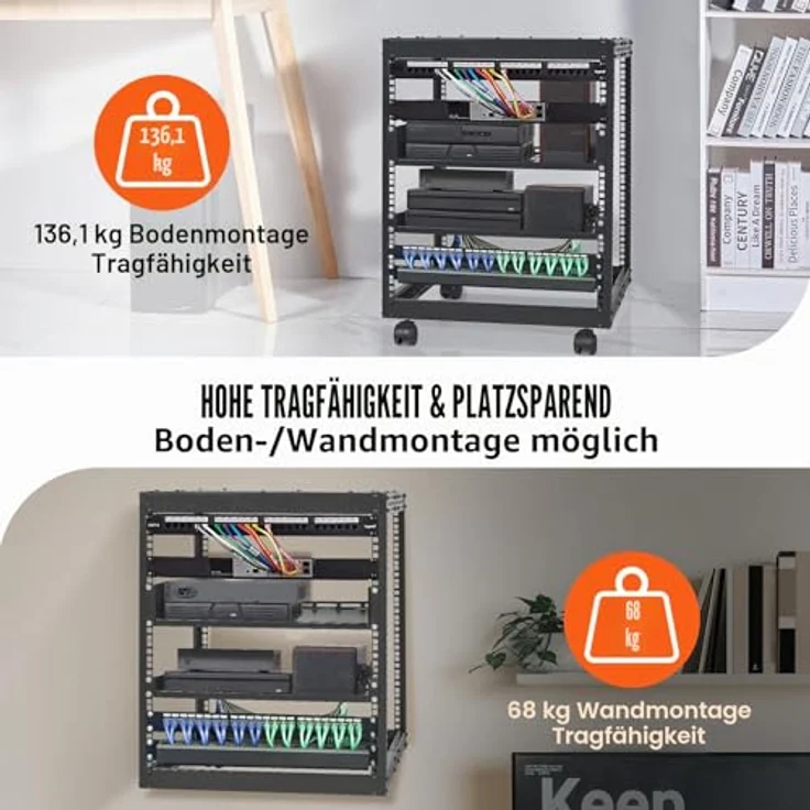 VEVOR 12U-Server-Rack, offenes Rahmen-AV-Rack mit 15-40" verstellbarer Tiefe, freistehend oder wandmontierbar, 4-Pfosten mit Rollen und 500 lbs Tragfähigkeit – Bild 3