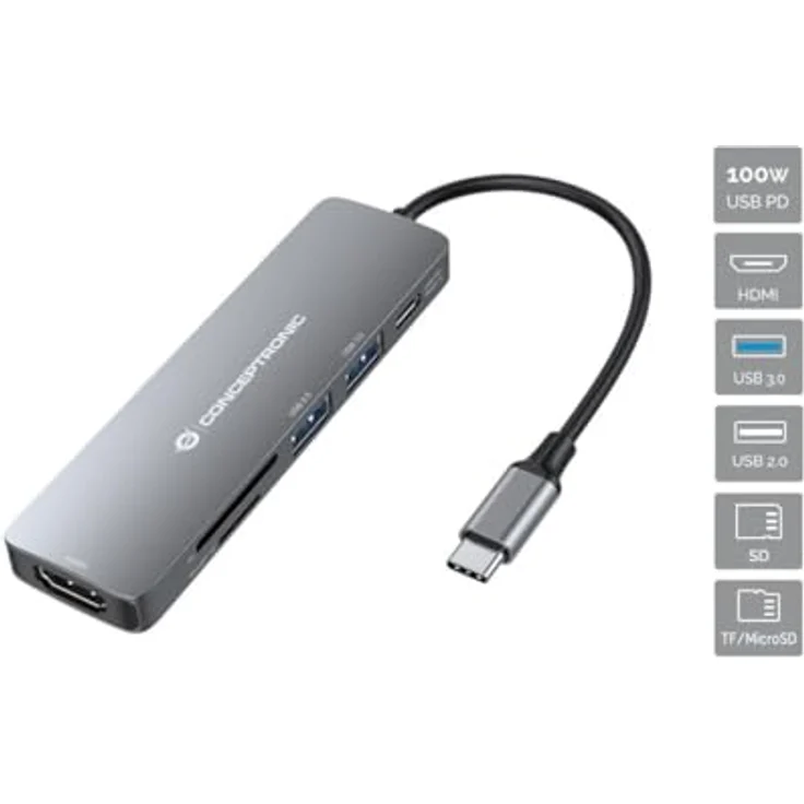 Conceptronic Dock USB-C zu HDMI mit USB3.0/2.0 SD/TF, 60WPD, 0.12mgr, Aluminiumgehäuse – Bild 2