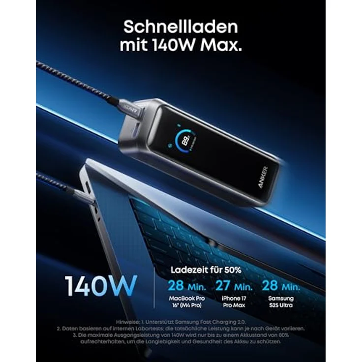 Anker Prime Dual USB-C + USB-A Schnellladegerät Powerbank 20.000mAh, Silber – Bild 3