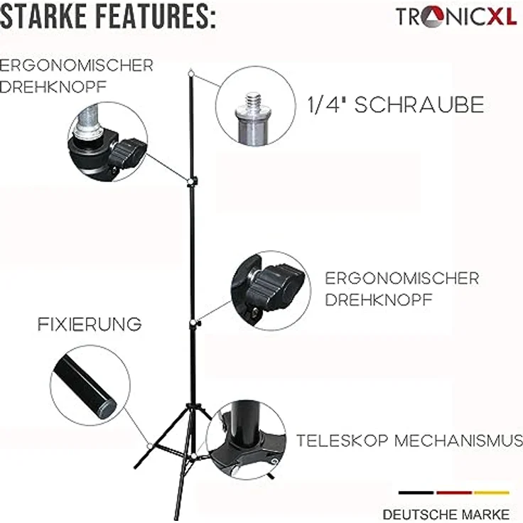 TronicXL 210cm Hohes Stativ Tripod für Kamera Licht Actioncam Webcam Ständer Halterung Tripod 1/4" hoch 2,1m Dreibein Studio – Bild 3