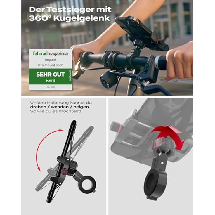 IMPACT® Pro Mount 360° - Handyhalterung Fahrrad [Smartphone KOMPATIBEL 4-7 ZOLL] - Handyhalter Fahrrad - Handyhalterung für Fahrrad Lenker mit Kugelgelenk & Sicherheitsgummi - iPhone 14 15 Pro Max – Bild 2