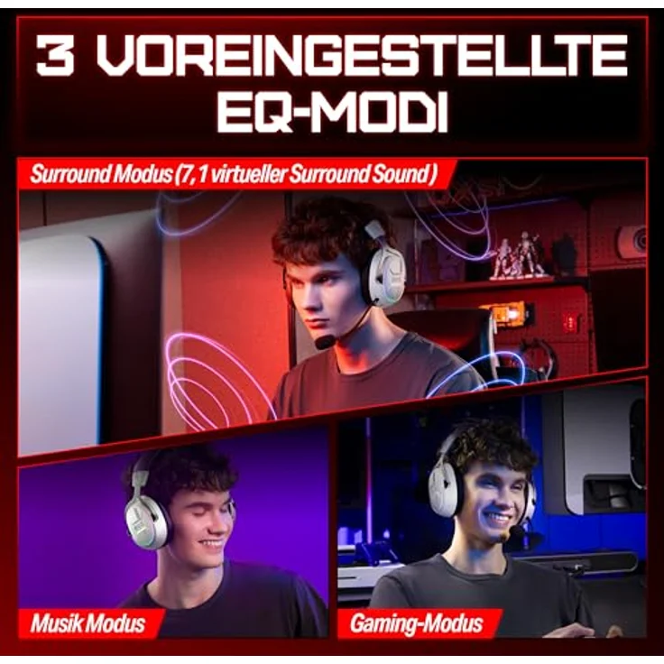 OXS Storm G2 Kabelloses Gaming-Headset, 7,1 Virtueller Surround Sound, 3 EQ Modi, 2,4 GHz Niedrige Latenz, RGB Beleuchtung, Bluetooth 5.3, Weiß – Bild 3