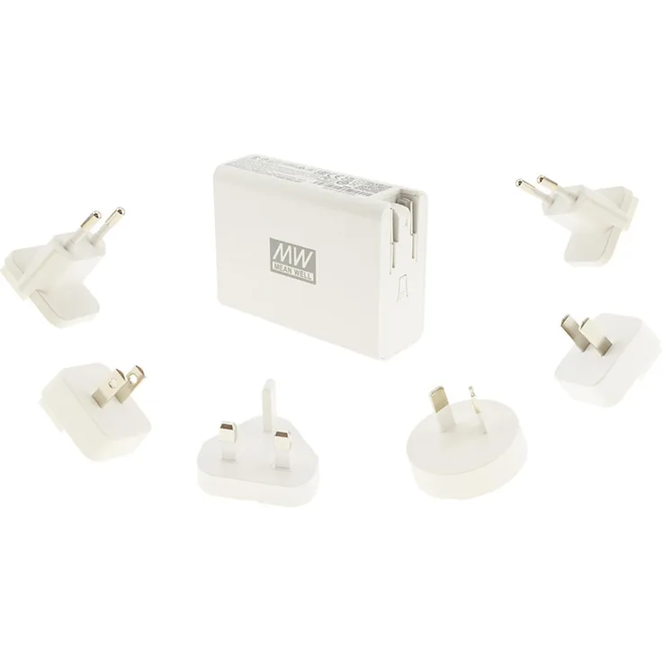 Mean Well NGE100 Steckernetzteil 100W, 5V 12A, 2xUSB-A, 2xUSB-C, inkl. 6 AC-Wechselstecker, kompakt für Heim und Büro
