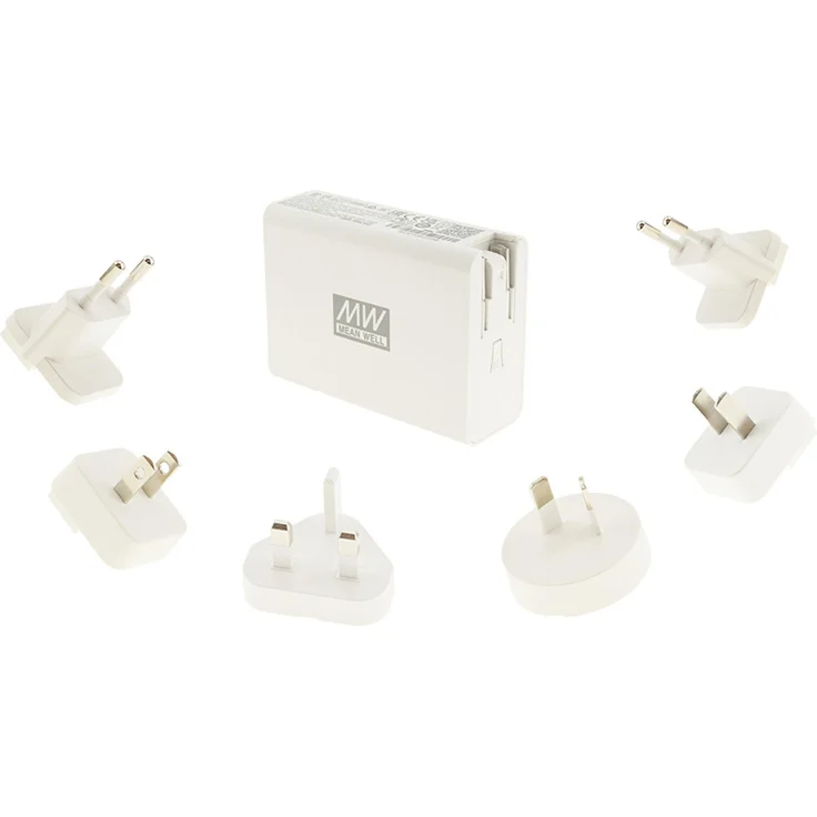 Mean Well NGE100 Steckernetzteil 100W, 5V 12A, 2xUSB-A, 2xUSB-C, inkl. 6 AC-Wechselstecker, kompakt für Heim und Büro