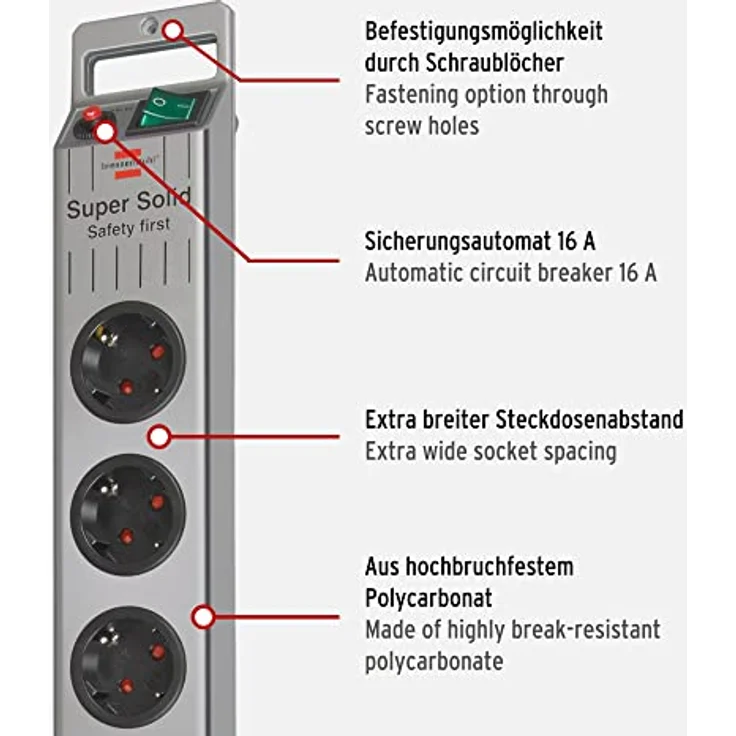 Brennenstuhl Super-Solid, Steckdosenleiste 5-fach (2,5m Kabel und Schalter - aus bruchfestem Polycarbonat) schwarz-silber – Bild 3