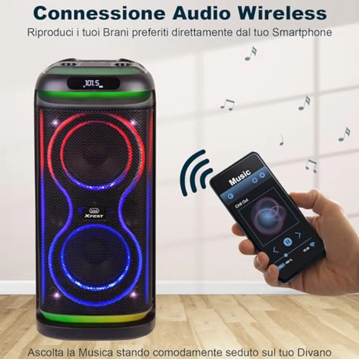 Trevi XF 650 KB Tragbarer kabelloser Lautsprecher 100 W, Schwarz, USB, Micro SD, AUX-IN, TWS-Funktion, Karaoke-Party Lautsprecher mit Lichteffekten – Bild 5
