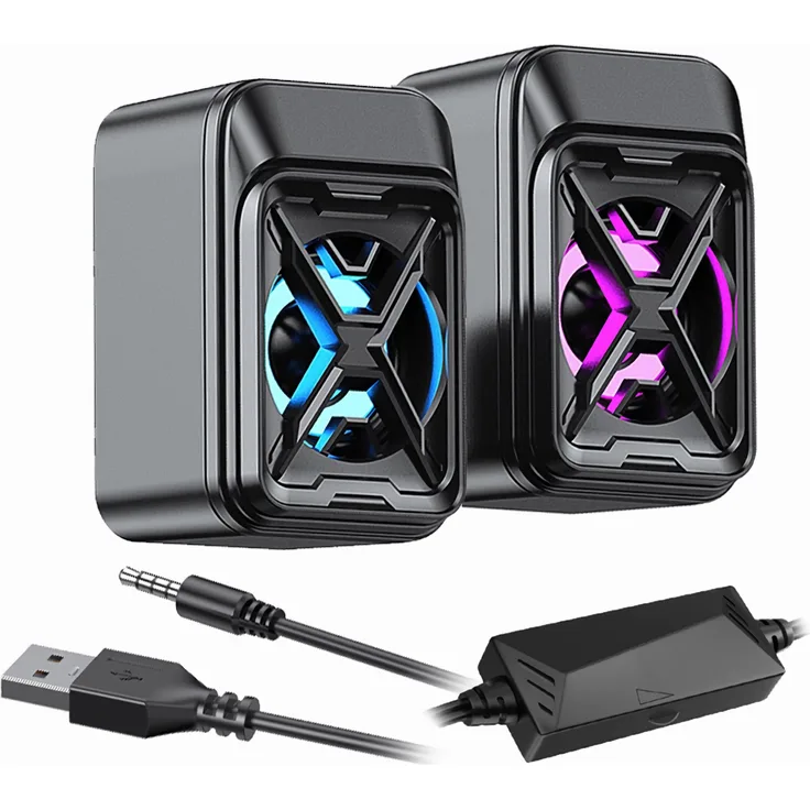 Bolwins P12C Mini Lautsprecher 6W mit RGB-Beleuchtung, 3,5 mm Klinke & USB für Laptop und Desktop, kompakte Stereo Soundbox in Schwarz