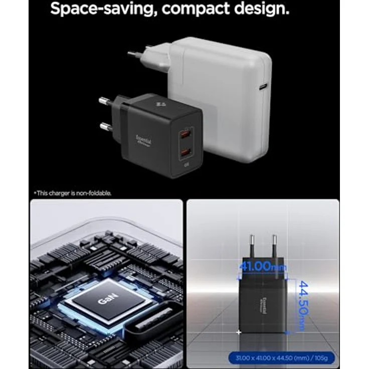 Spigen ArcStation Essential GaN 47W 2-Port USB-C Ladegerät, PPS Schnellladegerät mit PD 3.0 für iPhone 17/16/15 Pro Max, Galaxy S25 Ultra, iPad - Schwarz – Bild 4