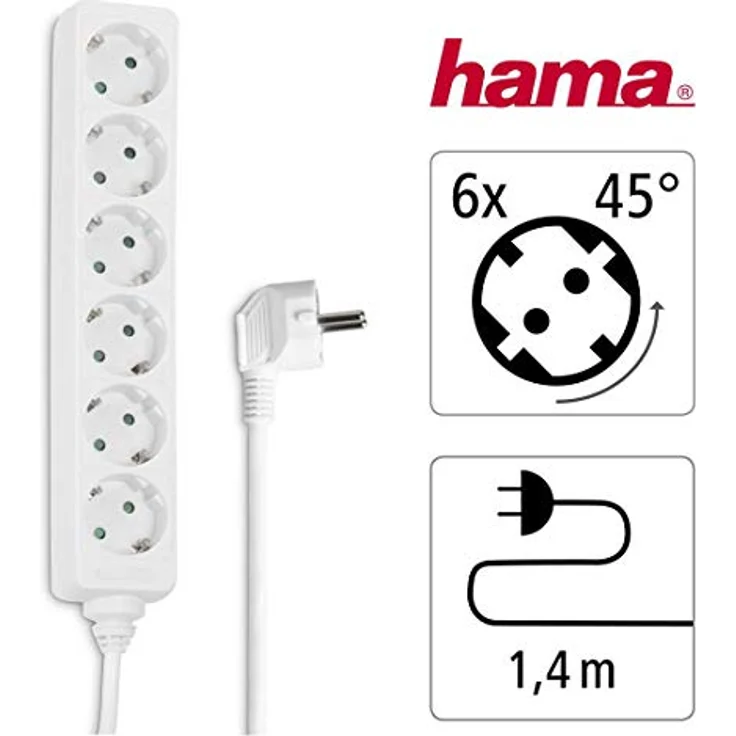 Hama Steckdosenleiste 6-fach (1,4m Kabelllänge, 45 Grad gedreht, Mehrfachsteckdose, GS geprüft) weiß – Bild 2
