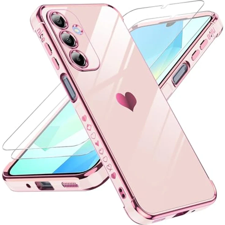 LeYi Handyhülle für Samsung Galaxy A16 5G, TPU Silikon Schutzhülle mit Herz Muster und 2 Schutzfolien, stoßfest und kratzfest in Rosa – Bild 1