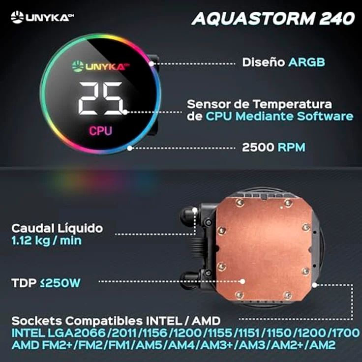 Unykach AquaStorm 240, CPU Wasserkühler mit Echtzeit-Temperaturanzeige, RGB-Regenbogeneffekt, Schwarz – Bild 3
