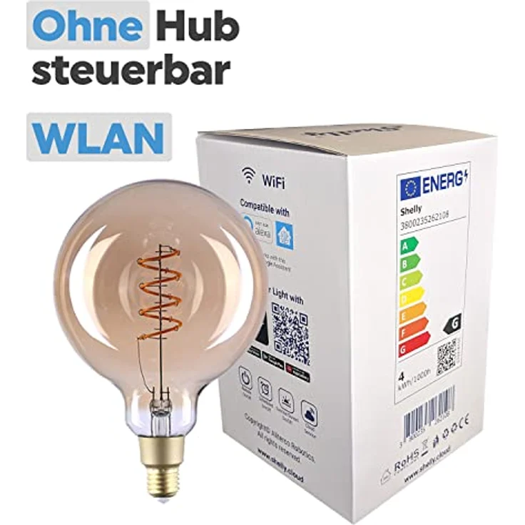 Shelly Vintage G125 Smart Home Glühbirne Dimmbar E27, Digitale Fernbedienung der Retro Glühlampe per App & WLAN, Kompatibel mit Alexa & Google Home, Wifi, 4W, 110V & 220V, Energiesparend, Warmweiß – Bild 2